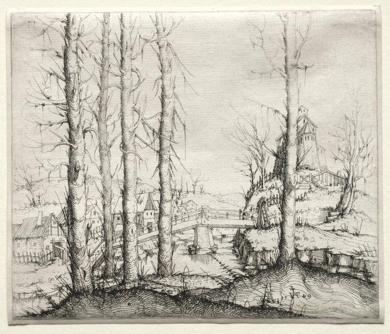 Elvelandskap med fem nakne grantrær i forgrunnen, 1549. av Augustin Hirschvogel