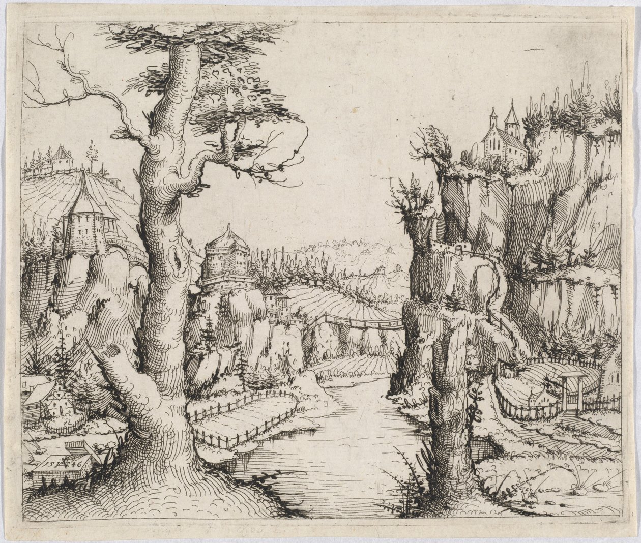 Elvelandskap med høye klipper, 1546. av Augustin Hirschvogel