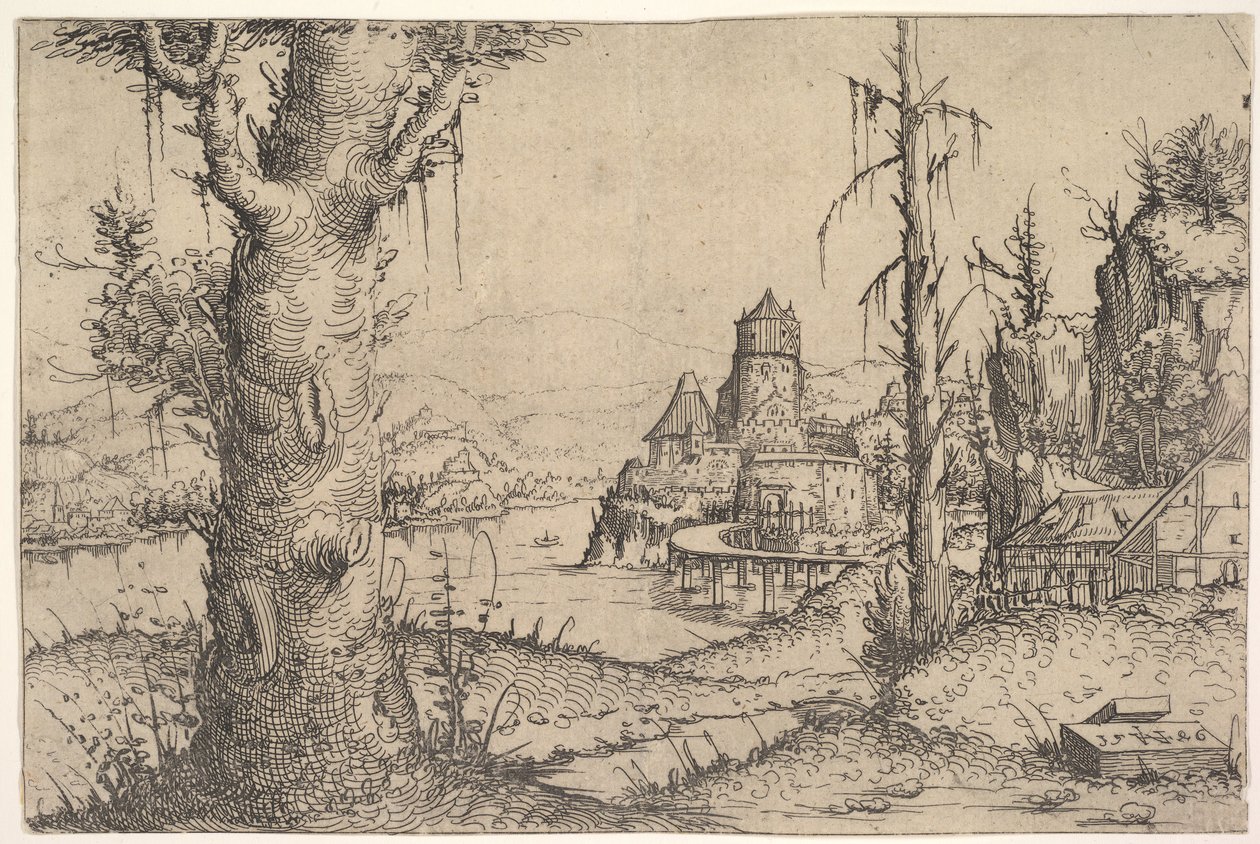 Elvelandskap med stort tre til venstre, 1546. av Augustin Hirschvogel