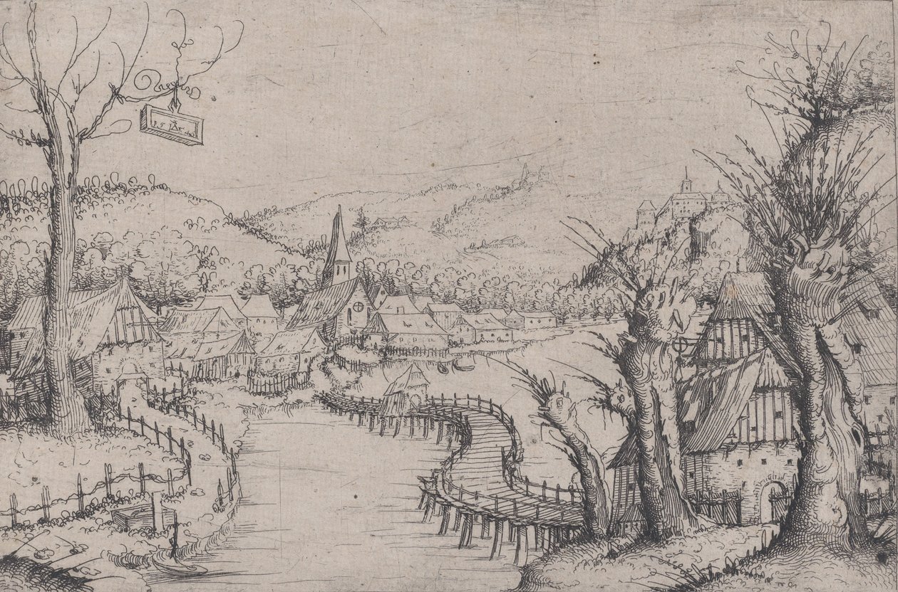 Elvelandskap med tre nakne piletrær til høyre og en lang svingete trebro ved ..., 1546. av Augustin Hirschvogel
