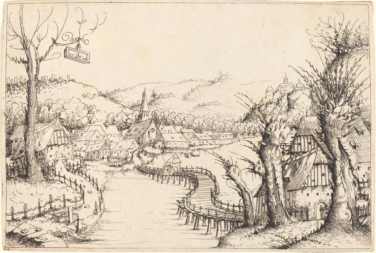 Elvelandskap med trebro, 1546. av Augustin Hirschvogel