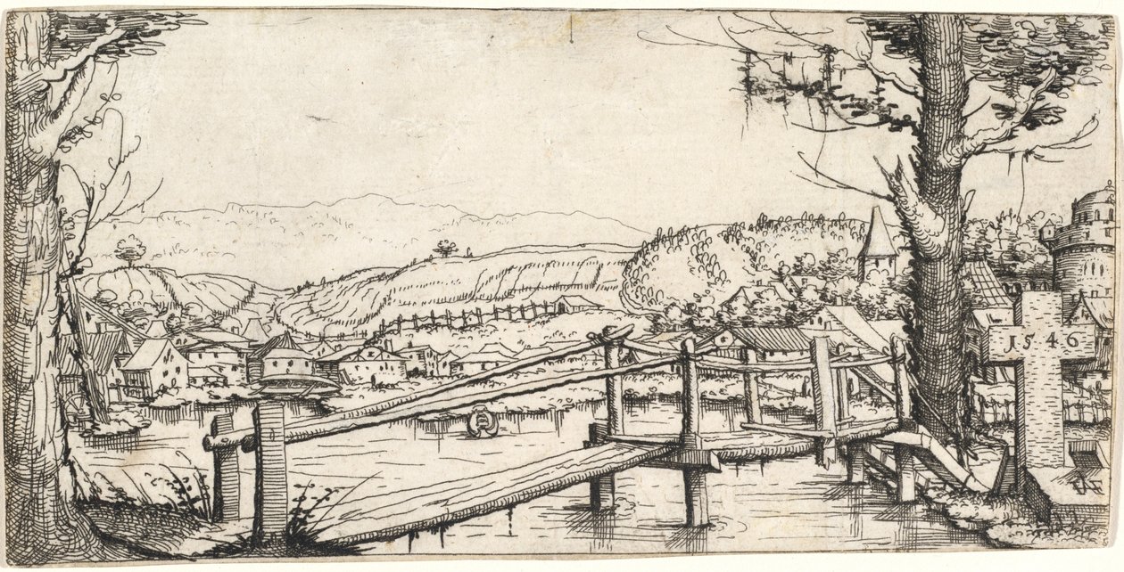 Elvelandskap med en gangbro, 1546. av Augustin Hirschvogel