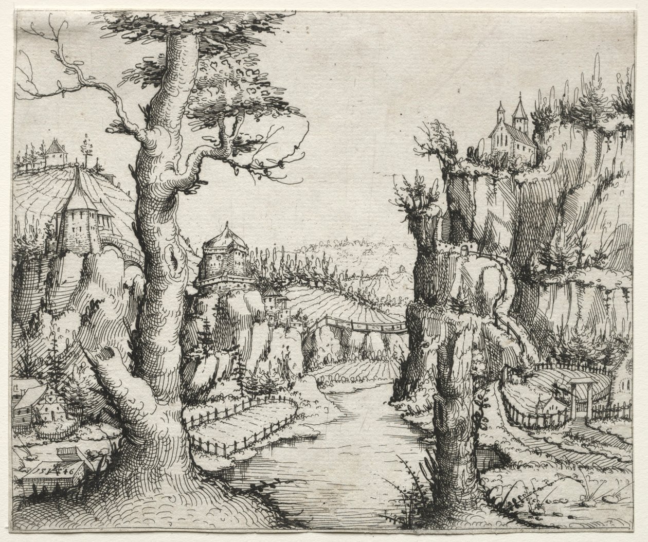 Elvelandskap med steiner til venstre og til høyre, 1546. av Augustin Hirschvogel