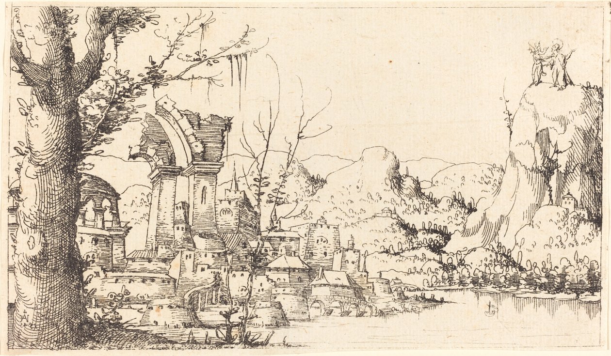 Elvelandskap med Kristi fristelse, 1545. av Augustin Hirschvogel