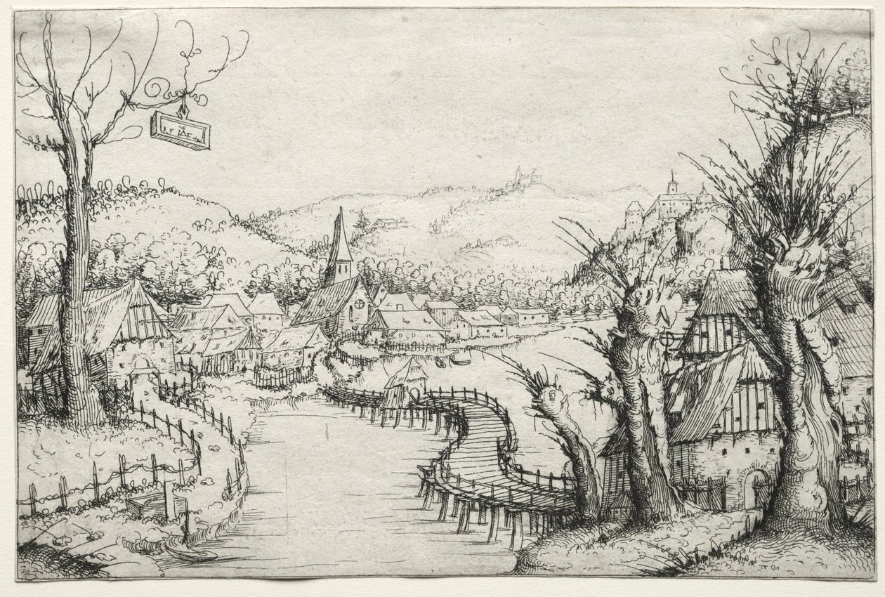 Elvelandskap med tre nakne piletrær til høyre og en lang svingete trebro..., 1546. av Augustin Hirschvogel