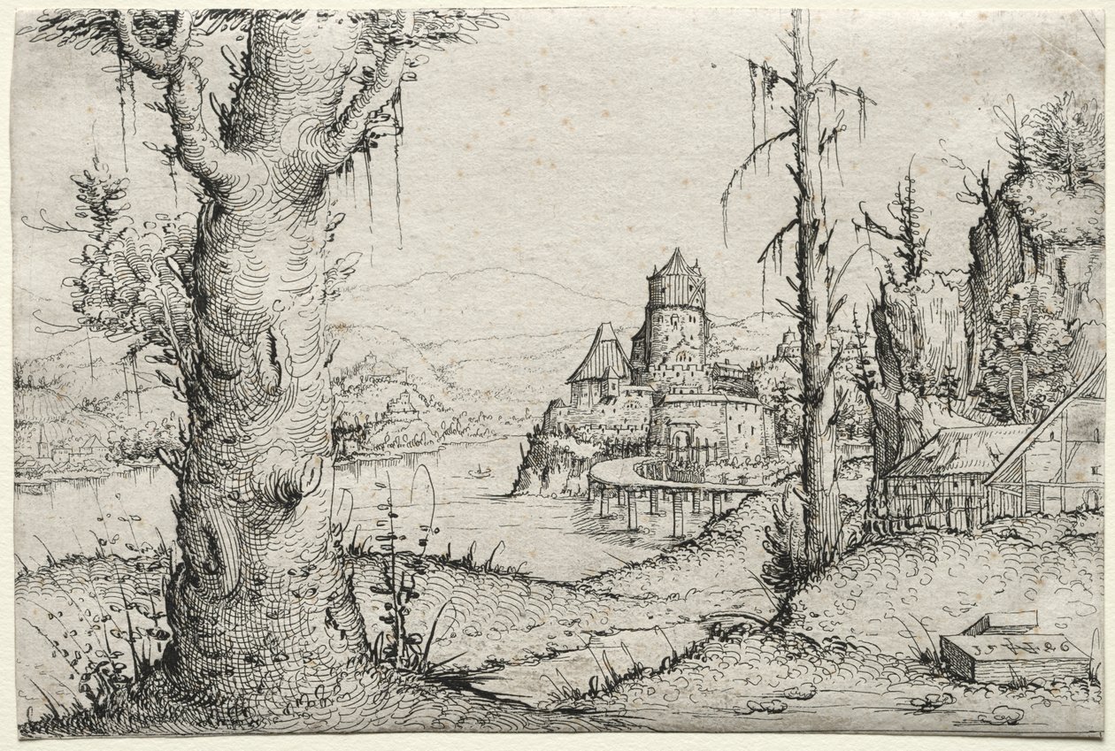 Elvelandskap med stort tre til venstre, 1546. av Augustin Hirschvogel