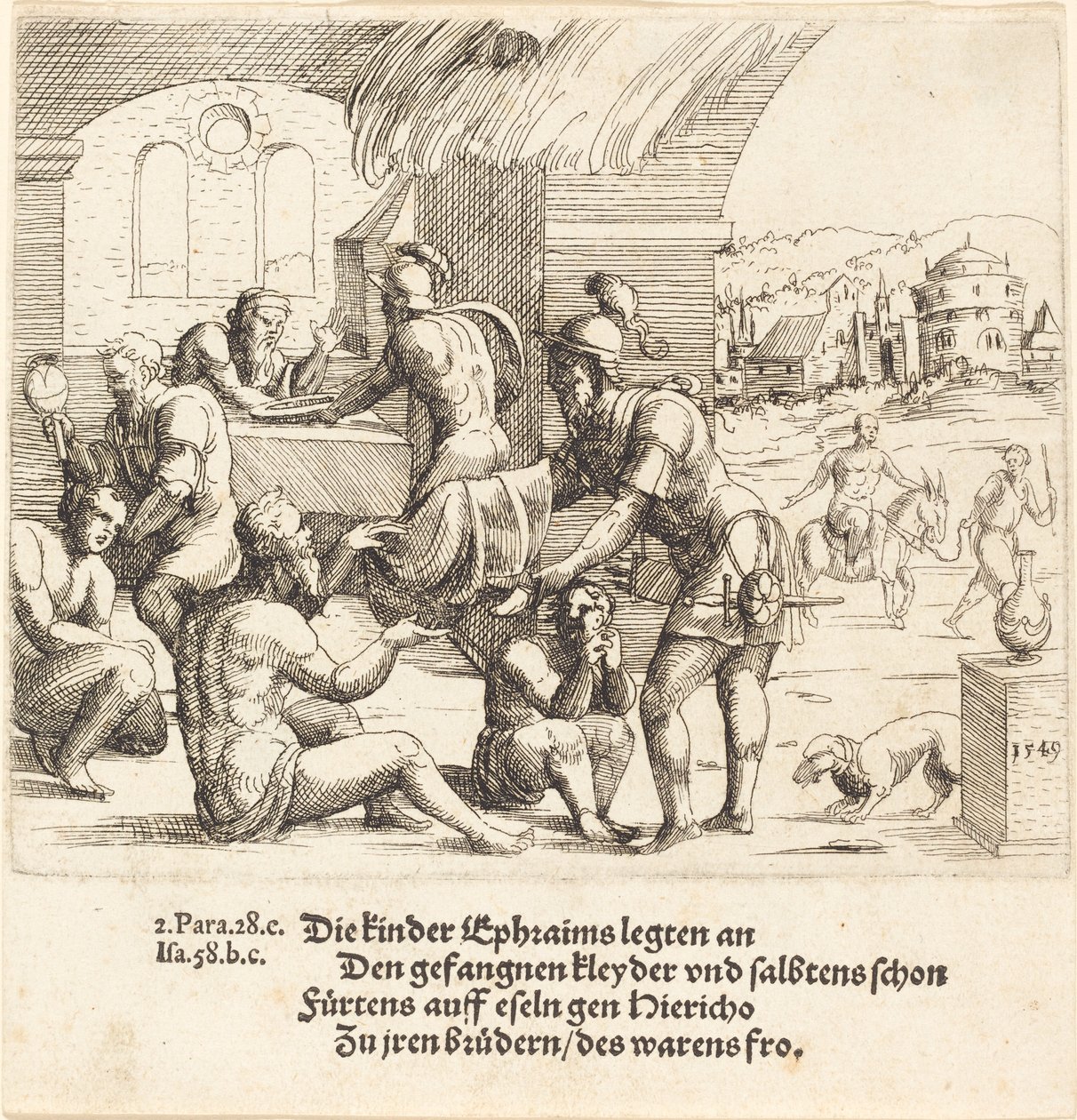 Mennene fra Ephraim bryr seg om sine fanger og returnerer dem til Jerico, 1549. av Augustin Hirschvogel