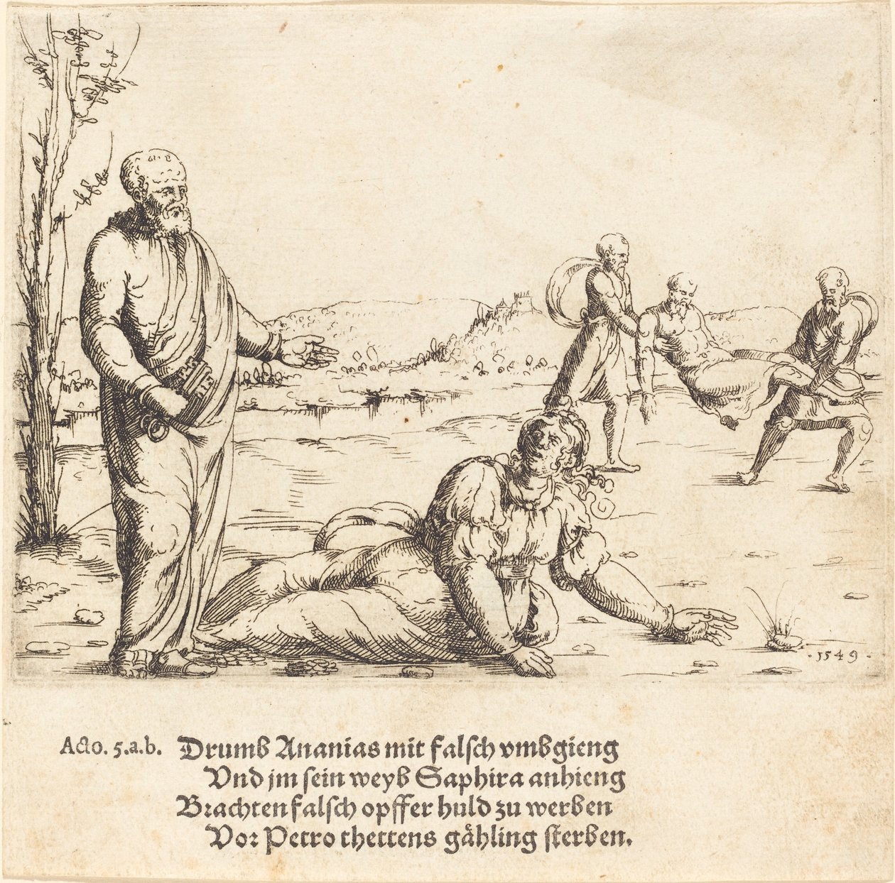 Straffen til Ananias og Saffira av Augustin Hirschvogel