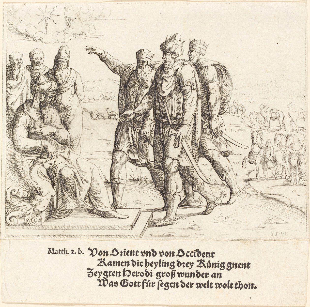 De tre kongene forteller Herodes om Kristi fødsel, 1549. av Augustin Hirschvogel