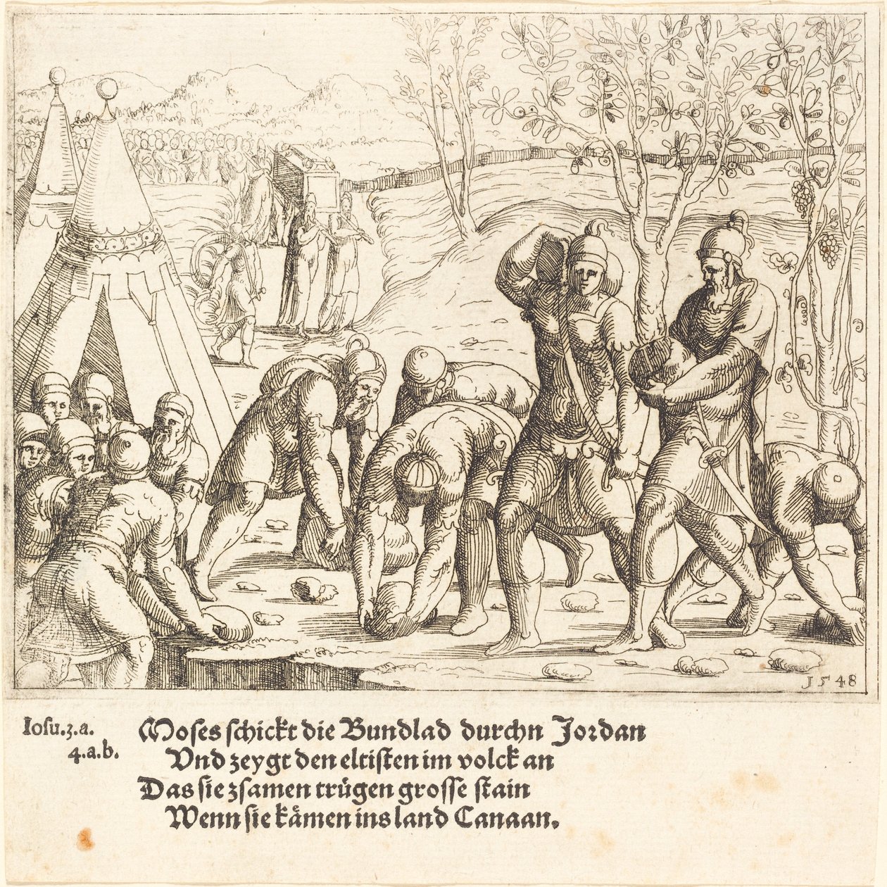 De tolv steinene og vannet i Jordan er delt, 1548. av Augustin Hirschvogel