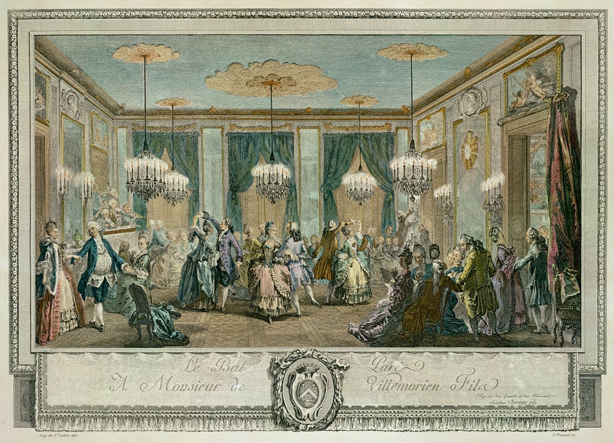 The Evening Dress Ball at House of Monsieur Villemorien Fila, gravert av L. Provost (farget gravering) (se også 84578) av Augustin de (after) Saint Aubin