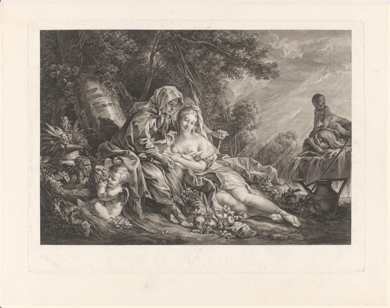 Vertumnus og Pomona i et parklandskap av Augustin de Saint-Aubin
