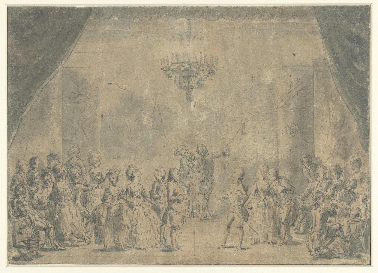 En mottakelse presentert på en scene av Augustin de Saint Aubin (manner of)
