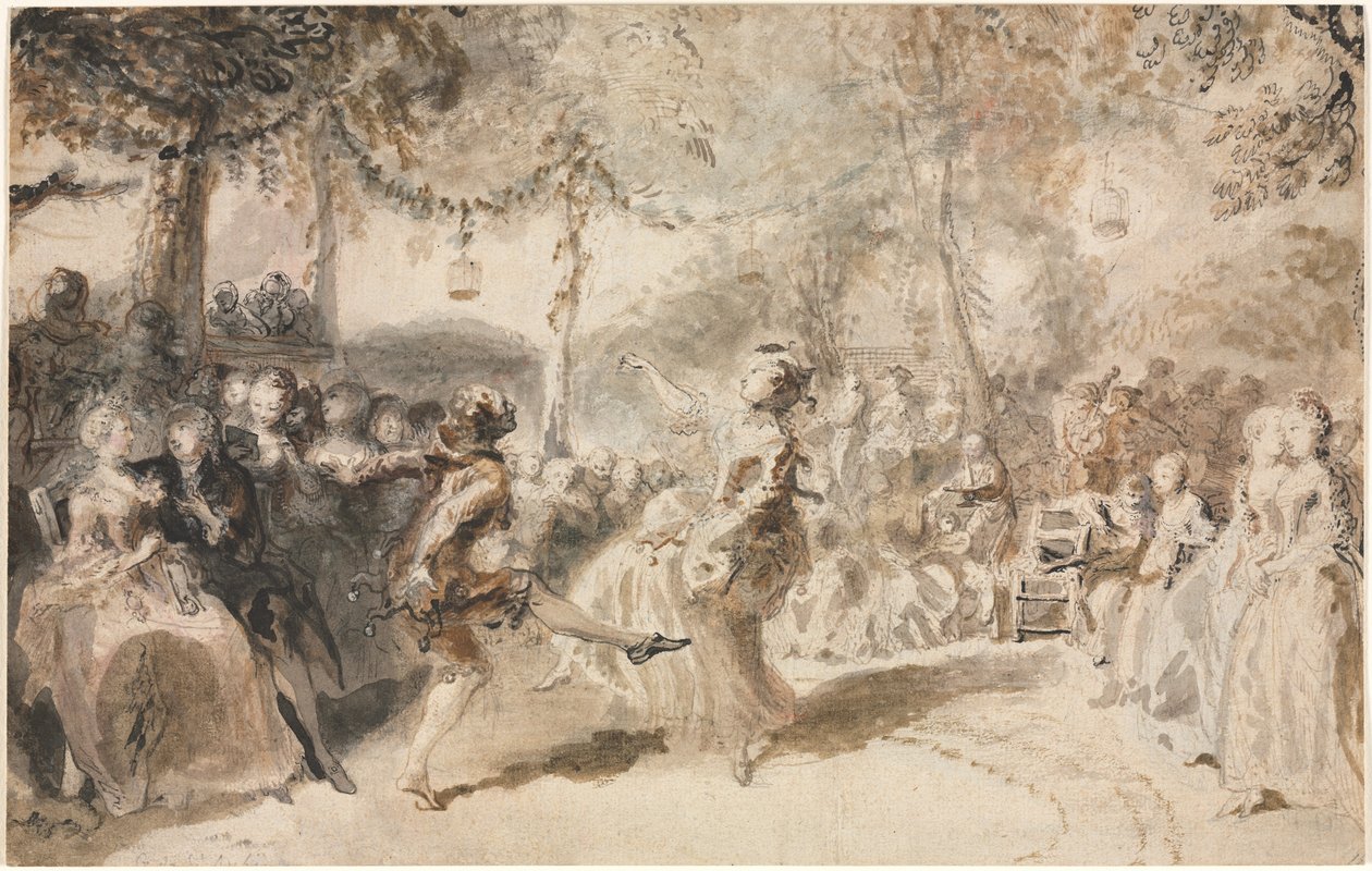 Kostymerte dansere som opptrer i en hagetaverna, 1756. av Augustin de Saint Aubin