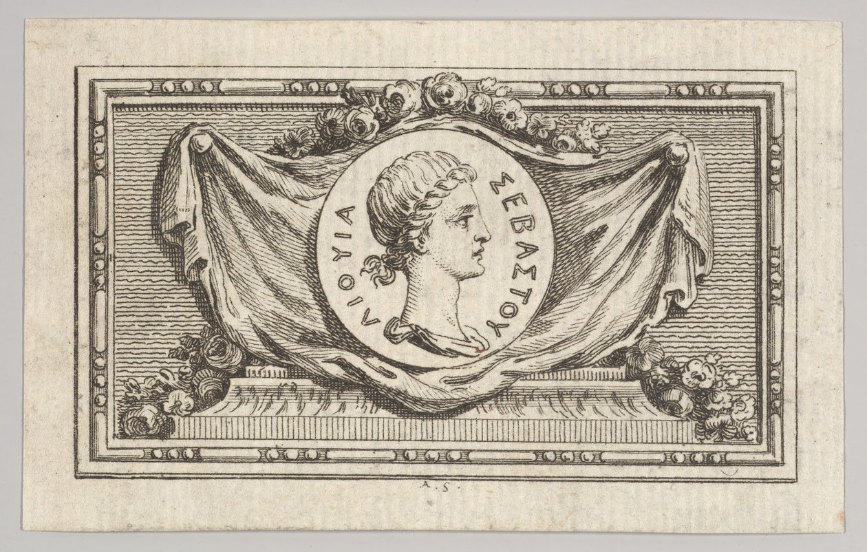 Medalje med Portrait of Livy i den 5. boken, fra Tibère ou les six premiers ..., utgitt i 1768. av Augustin de Saint Aubin
