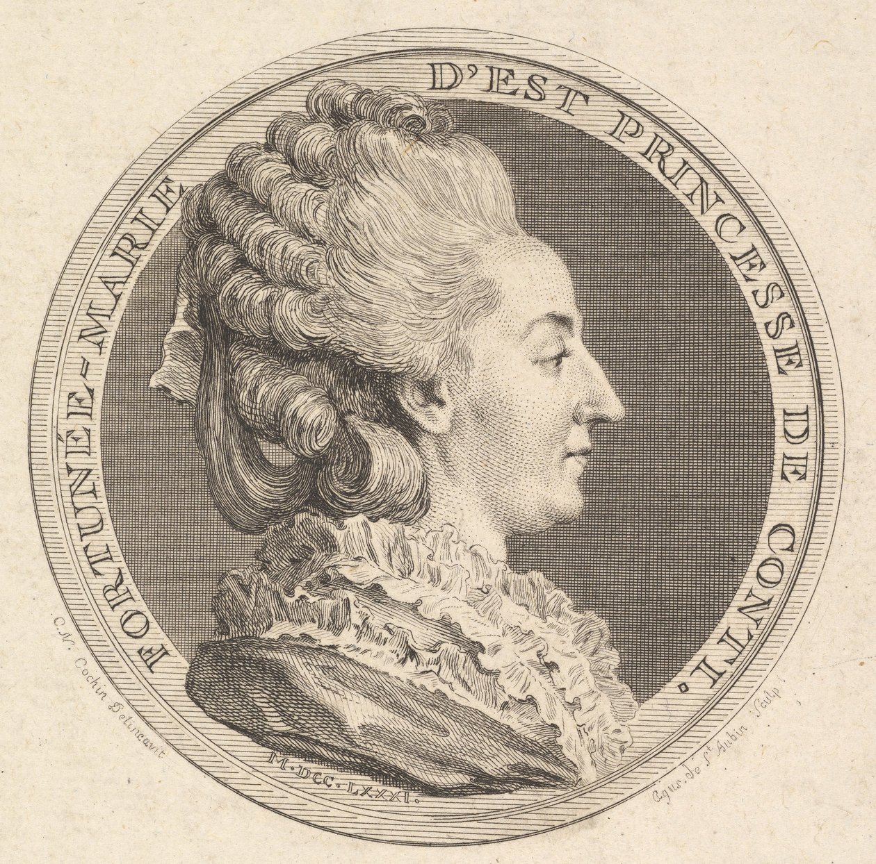 Trykk av en portrettmedalje av Fortunée-Marie dEst, prinsesse av Conti, 1781. av Augustin de Saint Aubin