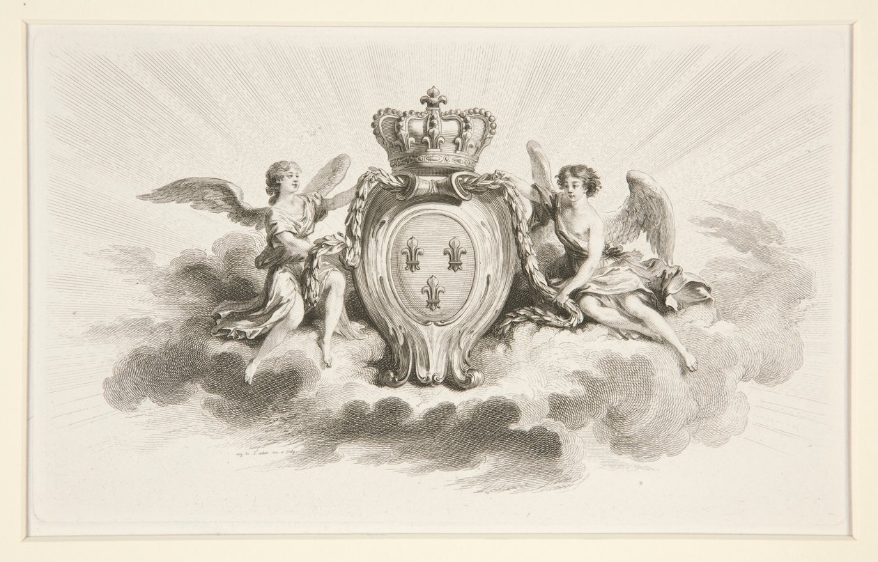 Royal Crest med Fleurs de Lis flankert av engler, reproduksjon fra 1800-tallet av Augustin de Saint Aubin