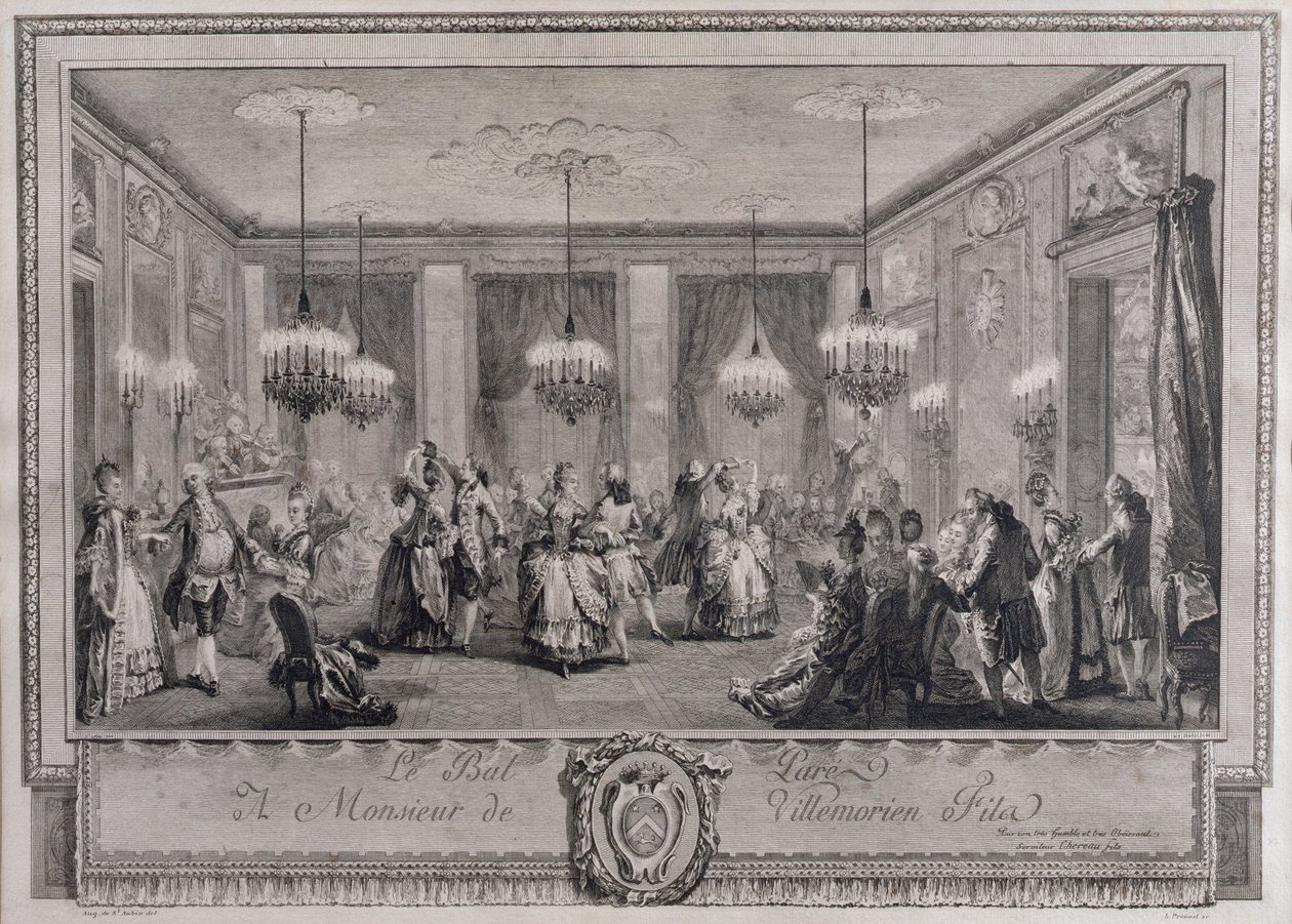 The Evening Dress Ball at House of Monsieur de Villemorien Fila, gravert av L. Provost (se også 55452) av Augustin de Saint Aubin