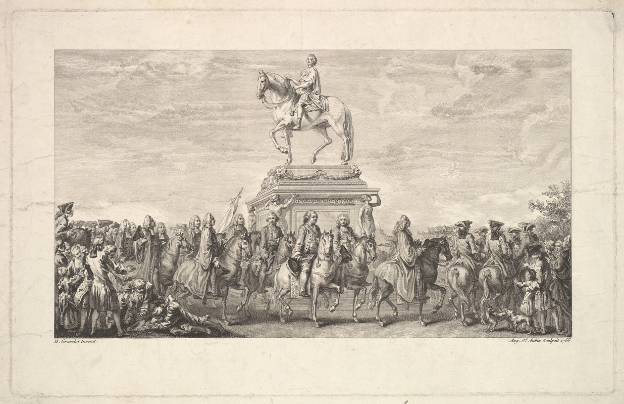 Innvielsen av statuen av Louis XV, Vignette på side 1, fra Description des Trava..., 1766. av Augustin de Saint Aubin