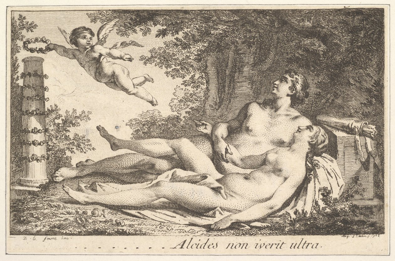 Miniatyrbilde ved siden av navnet på Aug. de St. Aubin Vignette ved siden av navnet til Augustin de S..., 1762. av Augustin de Saint Aubin