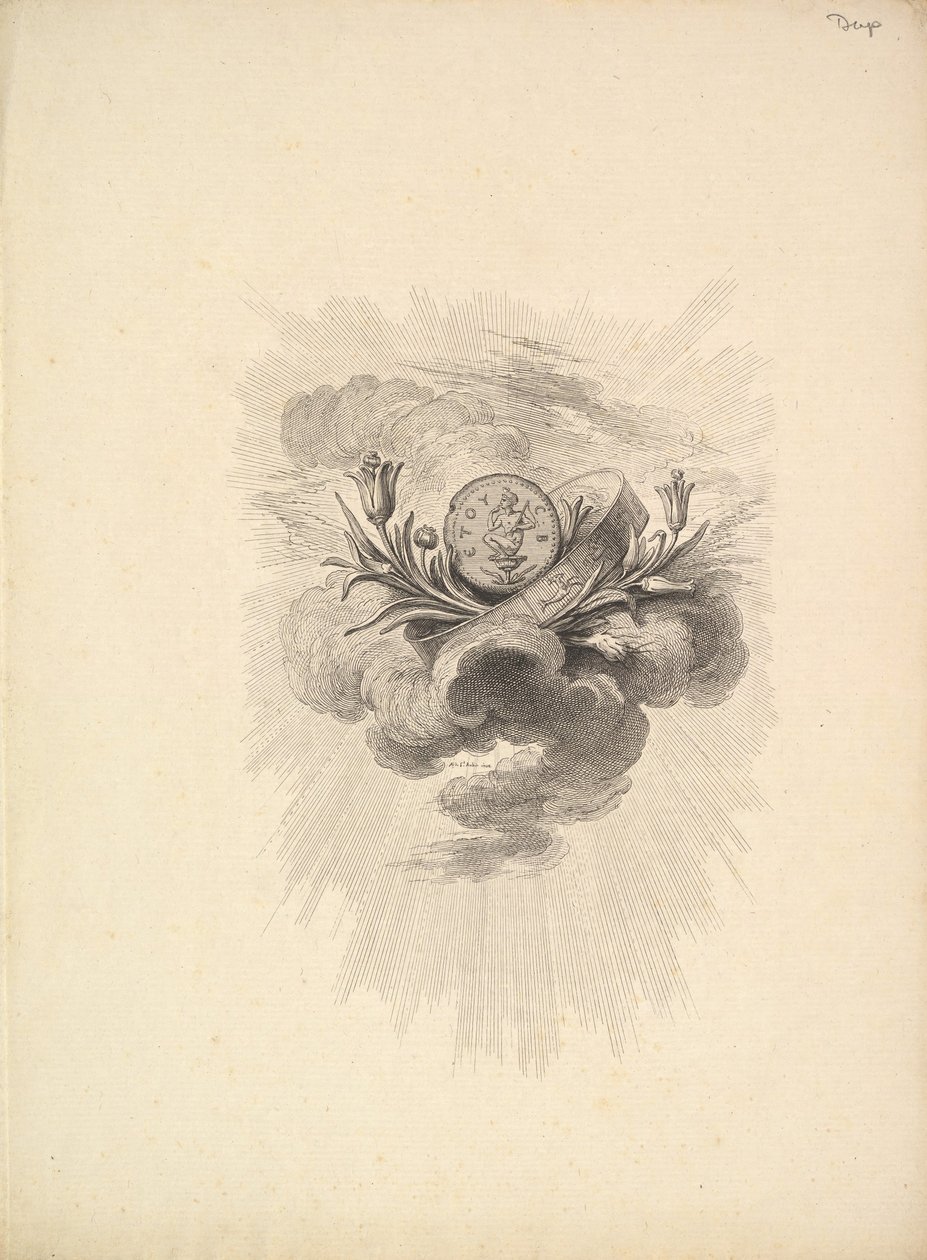 Vignette med en medalje som viser Harpocrate og Lotus Flowers, bind I, side 12, fra D..., 1778-80. av Augustin de Saint Aubin