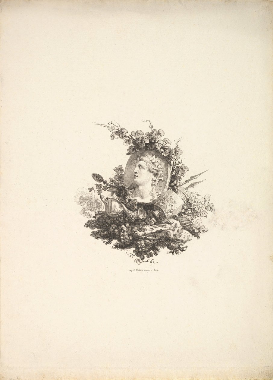 Vignette med hodet av Bacchus på en Cornelian, Tome I, side 242, fra Description de..., 1778-80. av Augustin de Saint Aubin