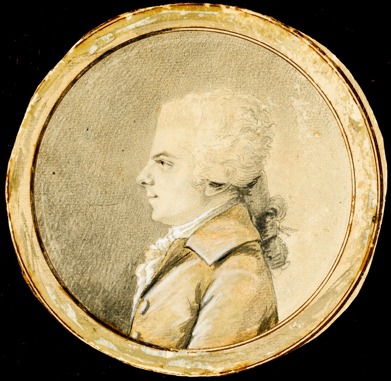 Wolfgang Amadeus Mozart - Augustin de Saint-Aubin (1736-1807). Sanguine, svart kritt og hvit farge på papir, ca 1778. Dimensjon : D 13,8 cm. Privat samling av Augustin de Saint Aubin