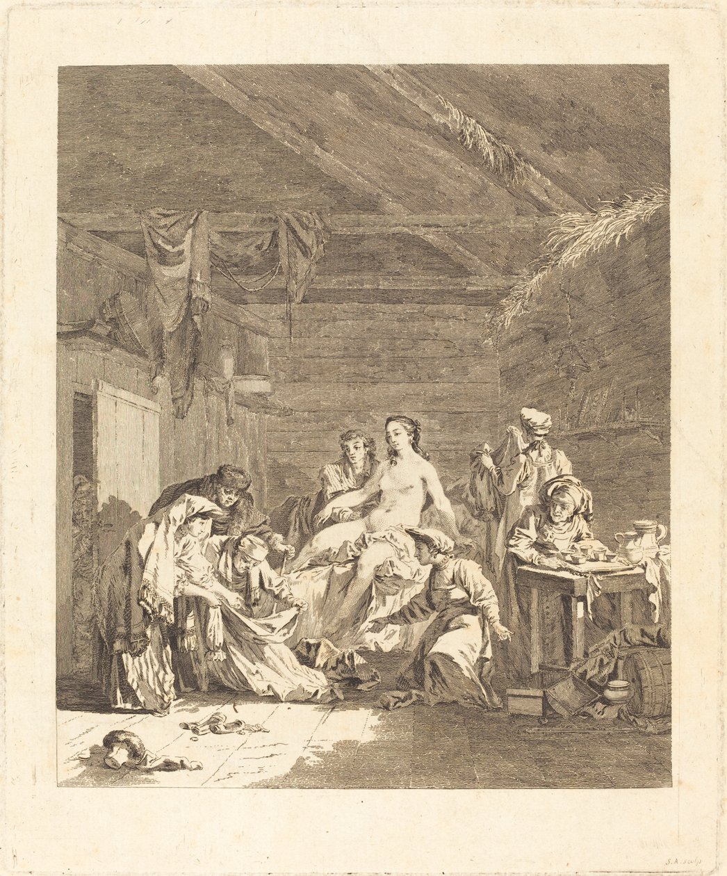 Le lever de la mariée russe (russernes skikk etter bryllupsseremonien og før bryllupsfesten) av Augustin de Saint Aubin after Jean Baptiste Le Prince