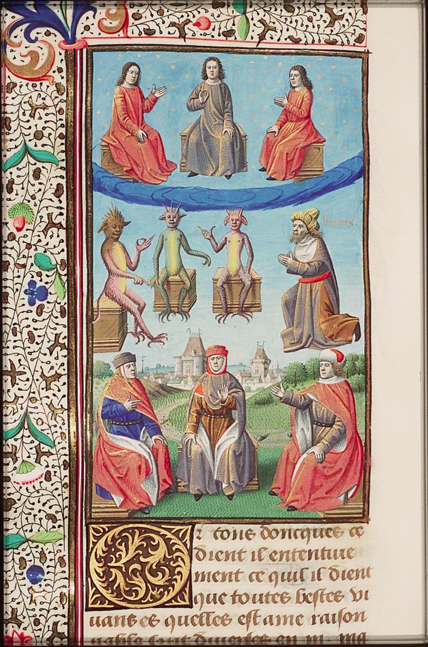 En opplyst side av boken The City of God, fransk oversettelse av Raoul de Presles (1371-1375). av Augustine of Hippo