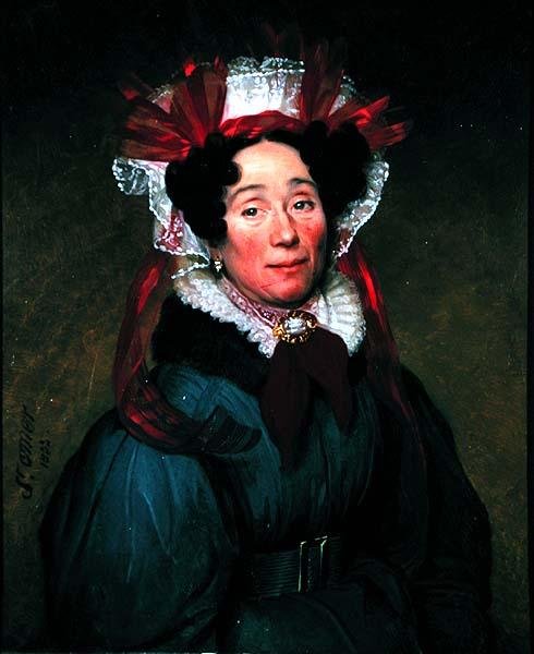 Portrett av en dame med rød og hvit panser av Augustine Cochet St. Omer