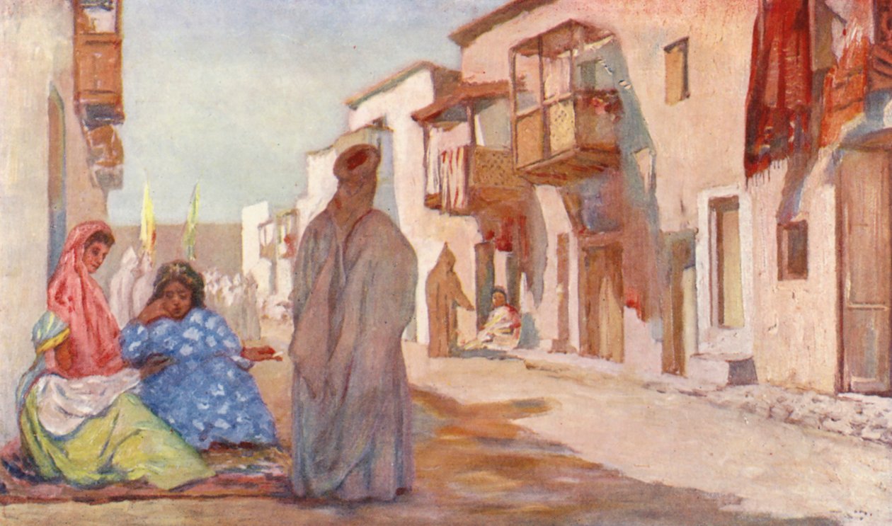 En gate i Biskra (farge litho) av Augustine Fitzgerald
