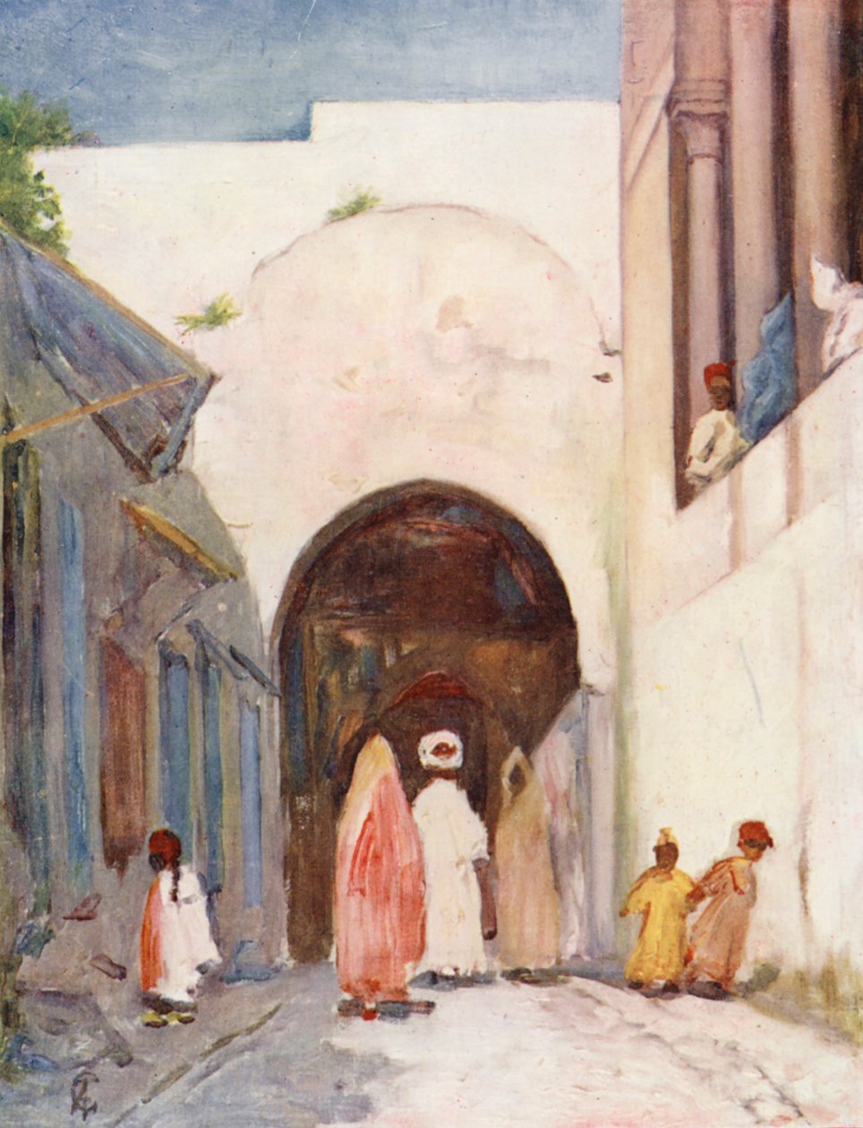 Døråpningen til den store moskeen, Tunis (fargelitografi) av Augustine Fitzgerald