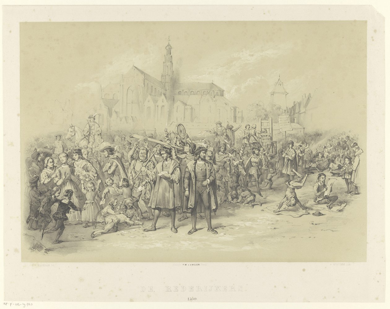 Retorikere deler ut brosjyrer fra De Rederijkers 1500 (tittel på objekt) av Augustinus Jacobus Bernardus Wouters