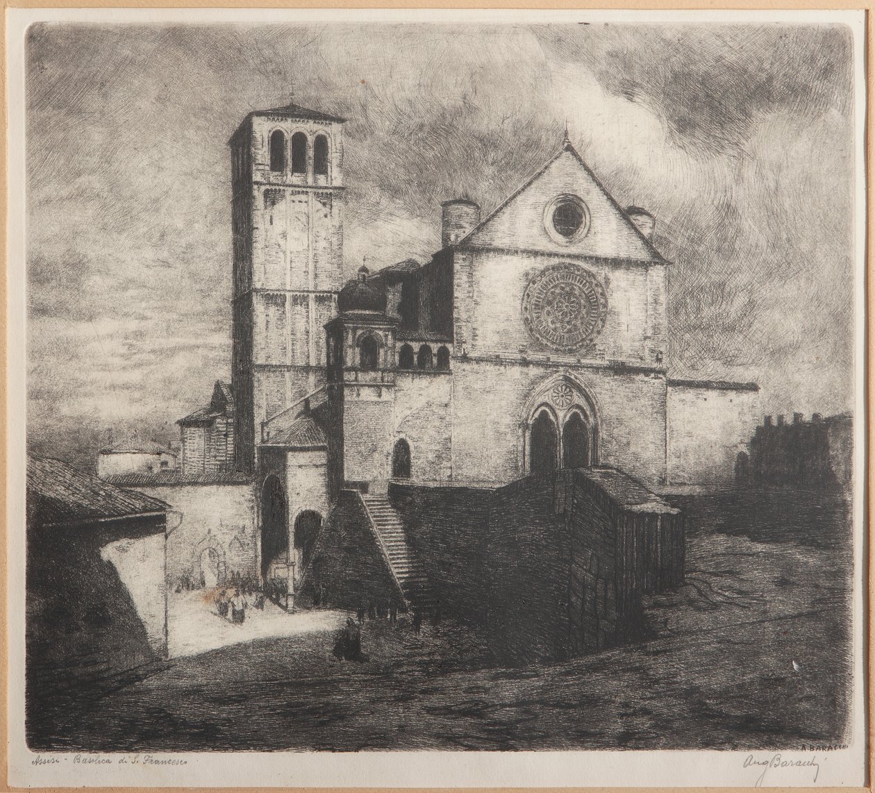 Assisi, Basilica of St. Francis (radering på papir) av Augusto Baracchi