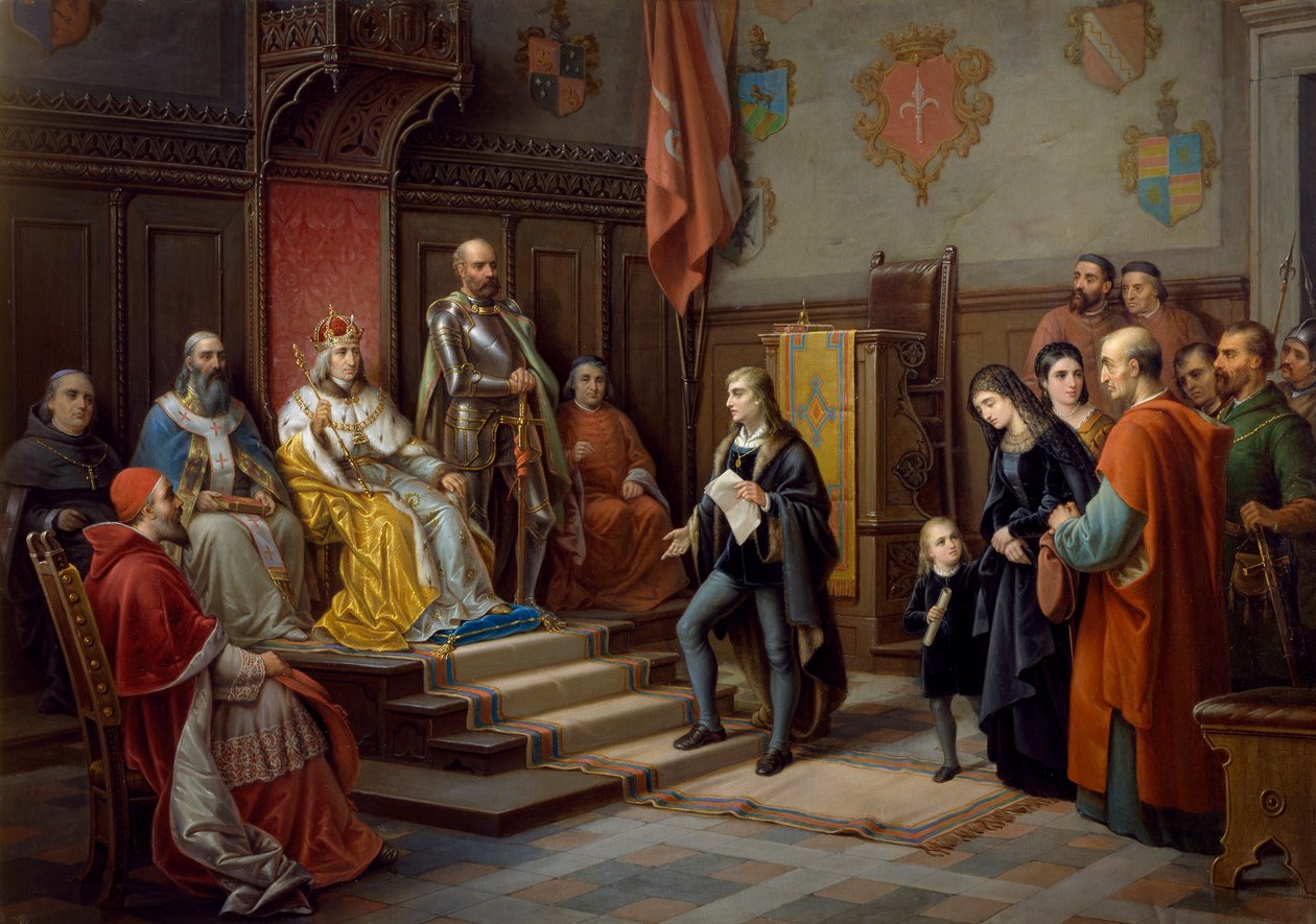 Frederick III, blir presset til å marsjere mot tyrkere av Trieste-poeten Raffaele Zovenzoni, maleri av Augusto Tominz (1818-1883) av Augusto Tominz