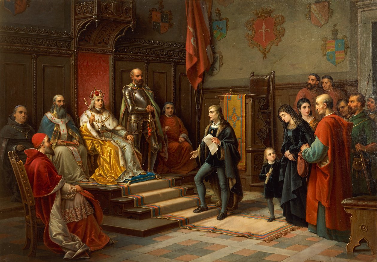 Frederick III, blir presset til å marsjere mot tyrkere av Trieste-poeten Raffaele Zovenzoni, av Augusto Tominz (1818-1883) av Augusto Tominz