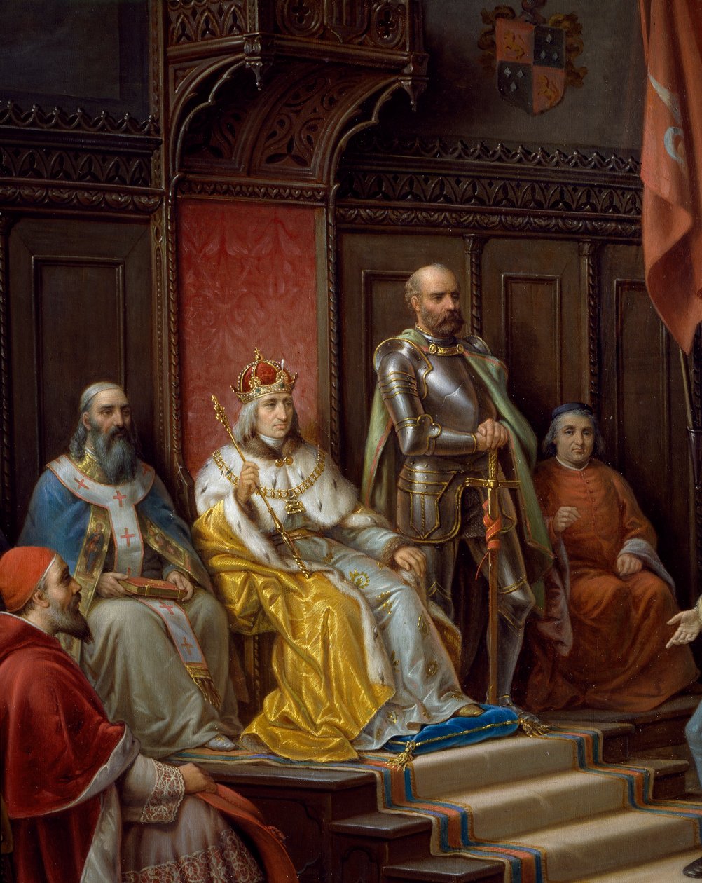 Frederick III på tronen, detalj fra Frederick III, blir presset til å marsjere mot tyrkere av Trieste-poeten Raffaele Zovenzoni, maleri av Augusto Tominz (1818-1883) av Augusto Tominz