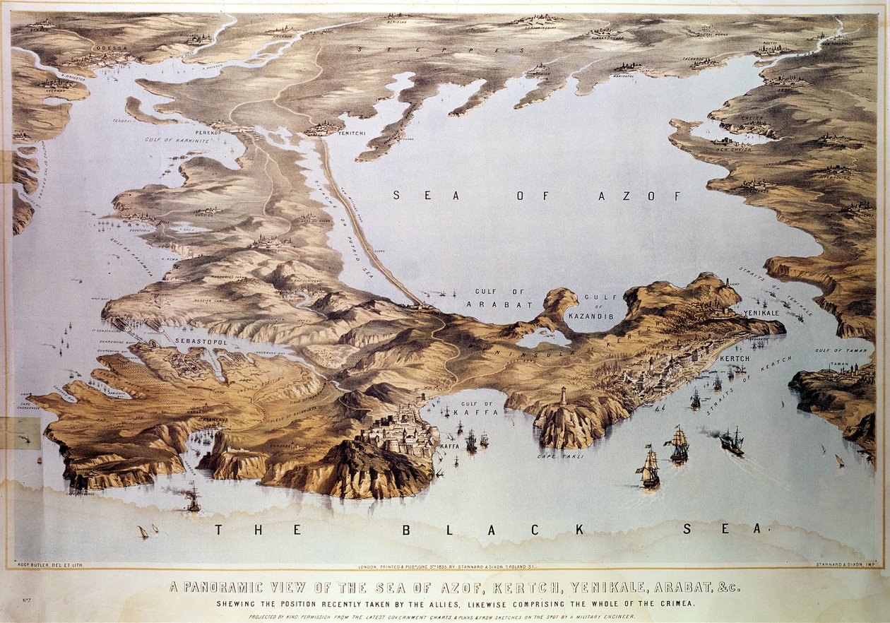 Panoramautsikt over Azofhavet som viser den allierte posisjonen, fra regjeringskart og planer og fra skisser laget av en militæringeniør, pub. av Stannard og Dixon, 1855 av Augustus Butler