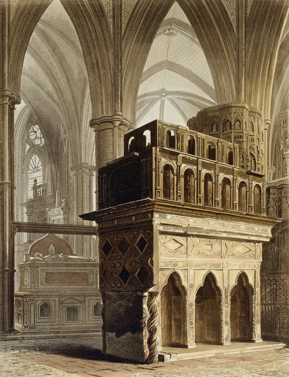 Edward the Confessor's Monument, plate M fra 'Westminster Abbey', gravert av puben J. Bluck (fl.1791-1831). av Rudolph Ackermann (1764-1834) 1812 (akvatint) av Augustus Charles Pugin