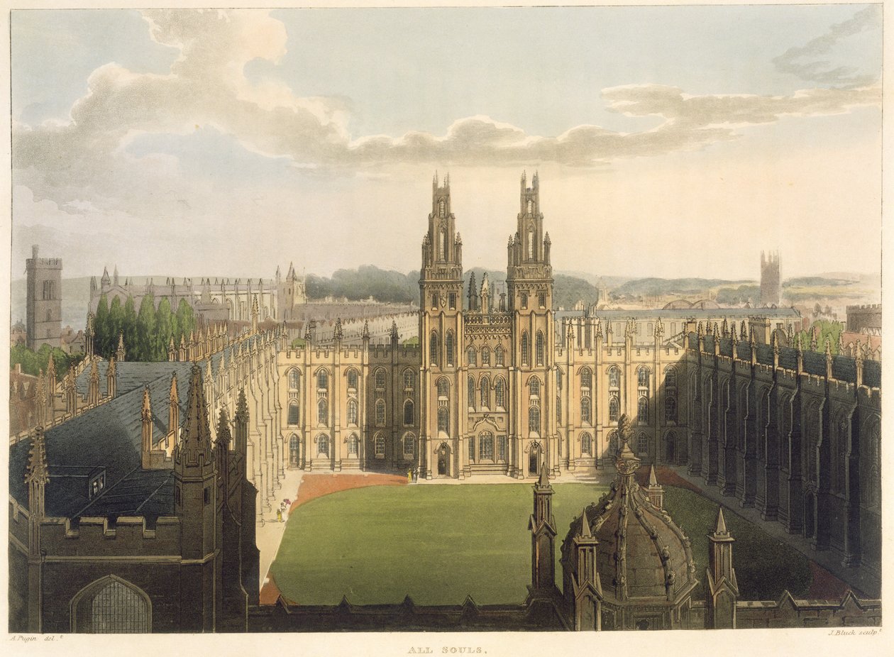 Utvendig visning av All Souls College, tatt fra toppen av Radcliffe Library, illustrasjon fra 