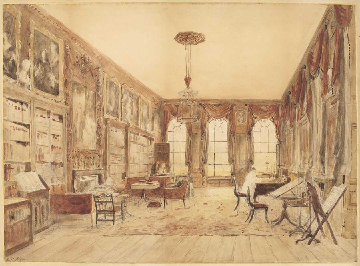 Interiøret i biblioteket på Cassiobury av Augustus Charles Pugin
