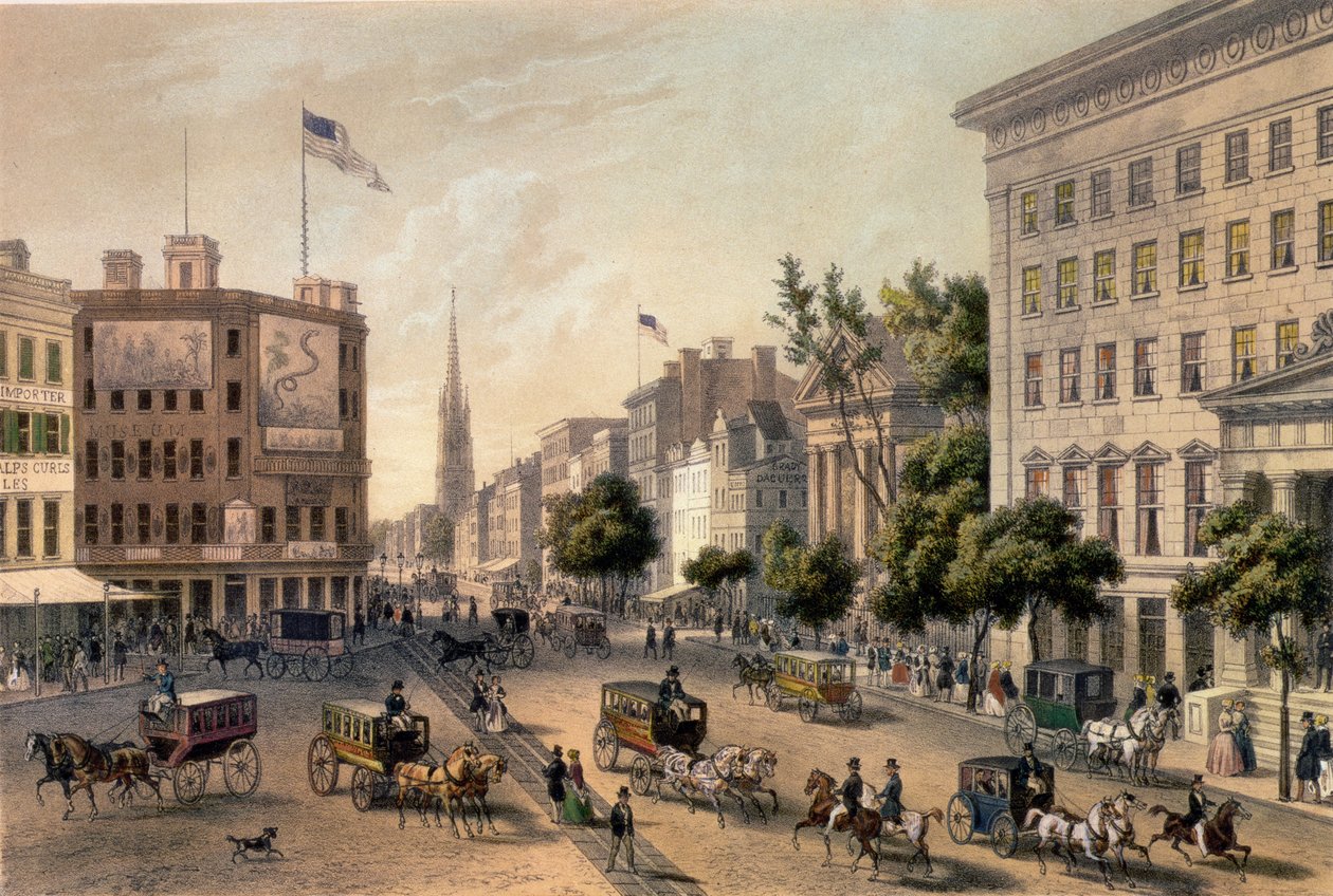 Broadway, New York, gravert av Deroy, pub. av Goupil und Co. av Augustus Kollner