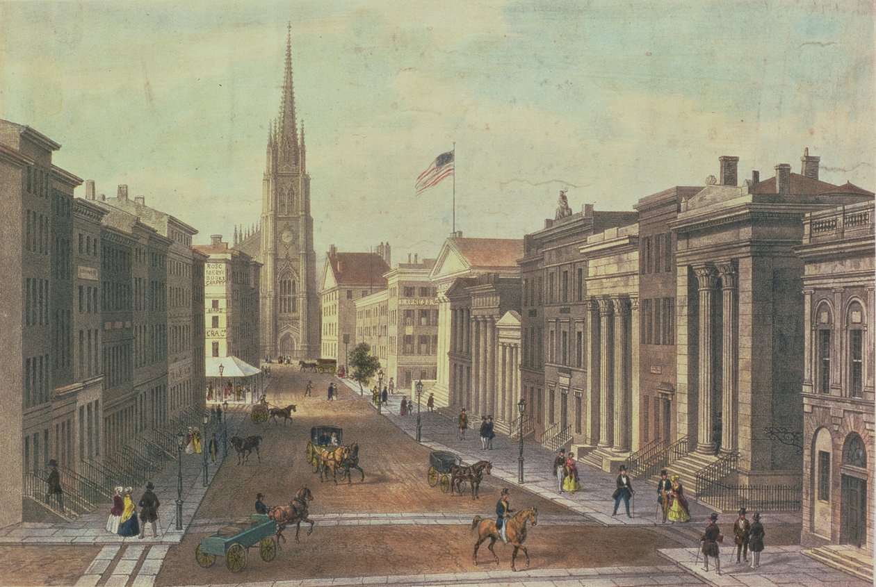 Wall Street, New York, gravert av Deroy, pub. av Goupil und Co, 1850 av Augustus Kollner