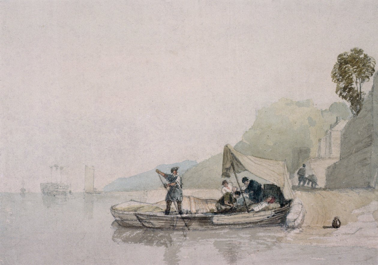Kystscene med båter og figurer (tegning) av Augustus Wall Callcott