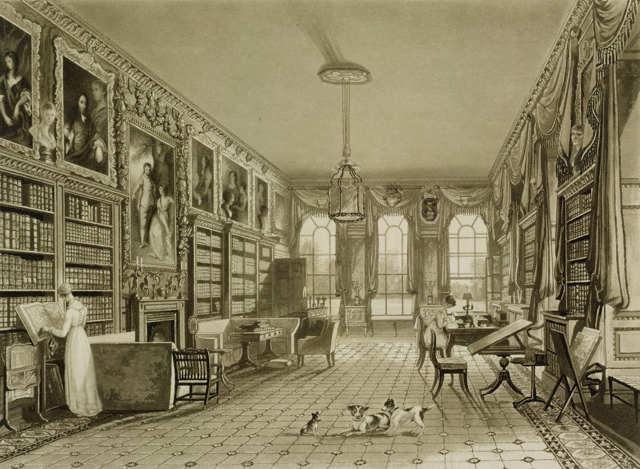 Library as Sitting Room, Cassiobury Park, ca. 1815, fra J. Britton 