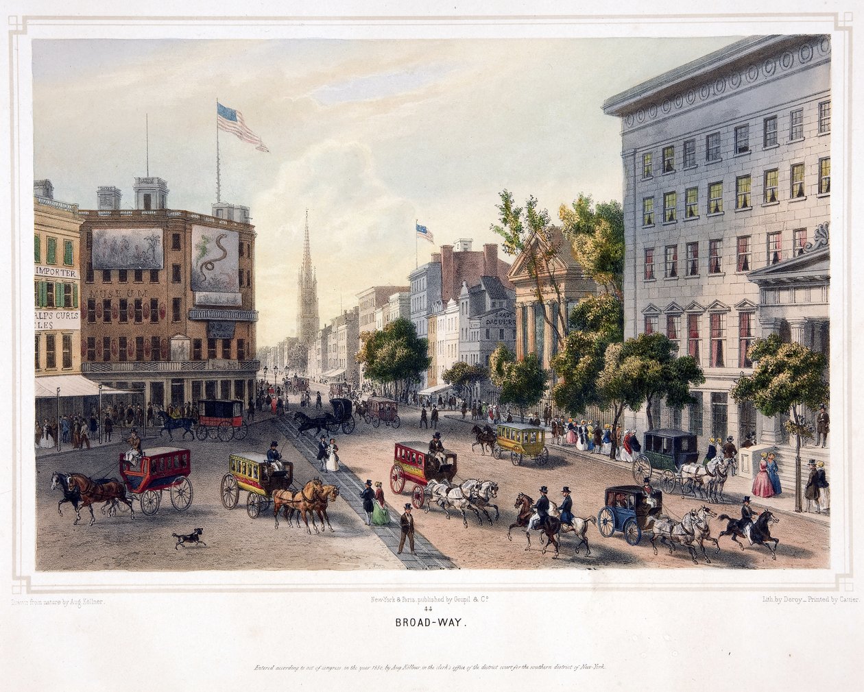 Broad-Way, pub. 1850 (farge litho) av Augustus (after) Kollner