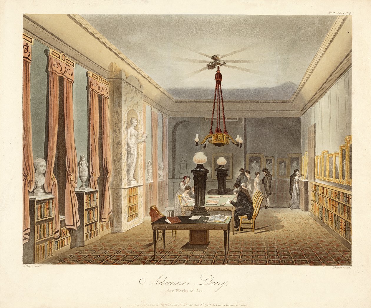 Ackermanns bibliotek for kunstverk, pub. 1815 (håndfarget gravering) av Augustus Charles (after) Pugin