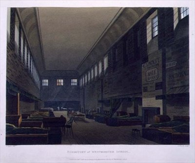 Dormitory of Westminster School, fra 'History of Westminster School', en del av 'History of the Colleges', gravert av J. Bluck (fl.1791-1831) pub. av R. Ackermann av Augustus Charles (after) Pugin