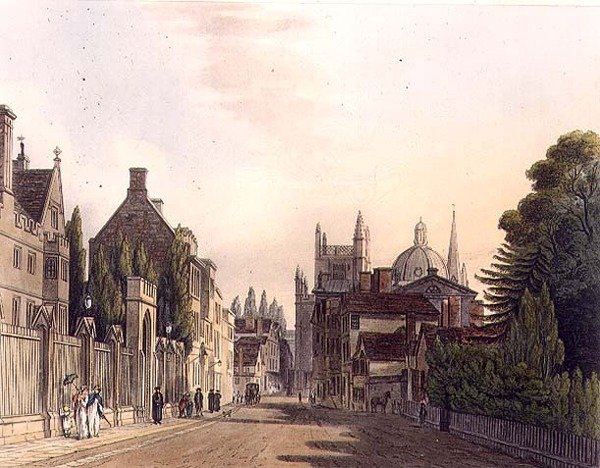 Eksteriør av Wadham Hall sett fra parkene, illustrasjon fra 