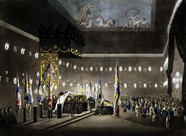Rester av Lord Viscount Nelson som ligger i staten i Painted Chamber på Greenwich Hospital, gravert av J. Merigot, pub. 1806 (fargegravering) av Augustus Charles (after) Pugin